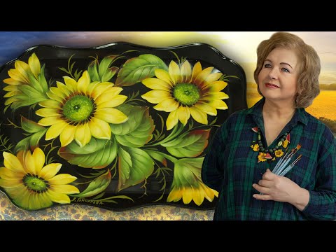 Видео: Подсолнухи. Выправка. (Второй слой) Жостовский поднос. Живопись маслом