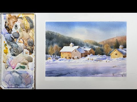 Видео: Легкий пейзаж акварелью — Зимняя деревня