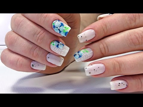 Видео: Молочный маникюр с объемными цветами ✨ Файбер база Вирджин