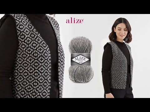 Видео: Жилет с мозаичным узором и вышивкой пряжей Alize Superlana Maxi