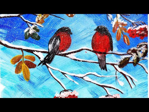 Видео: Как легко нарисовать снегирей на веточке рябины поэтапно. Правополушарное рисование, снегири гуашью.