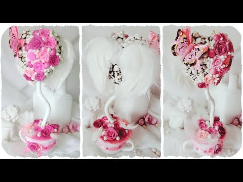 Видео: ТОПИАРИЙ СЕРДЦЕ, КРЫЛЫШКИ с ПЕРЬЯМИ! Зерна кофе, розы из воздушного пластилина, керамическая чашка!