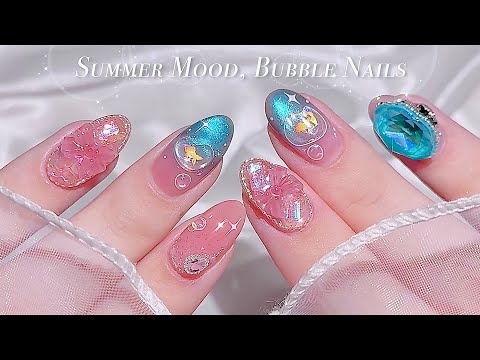 Видео: sub) Освежающее летнее настроение, пузырьковые ногти!🫧🐟🎀/🇰🇷Корейский маникюр / Нейл-арт / ASMR