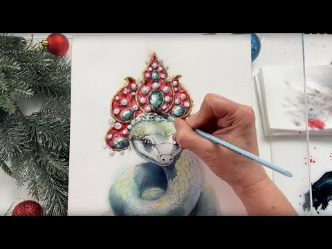 Видео: Новогодняя открытка «Змейка снегурочка»  Часть 2 / Акварель