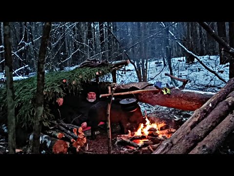 Видео: Ночёвка ЗИМОЙ в лесу | Мокрый снег | Строительство укрытия для выживания | Бушкрафт | bushcraft.