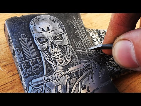 Видео: Рисунок на металле. Реставрация топора. Как рисовать роботов на металле