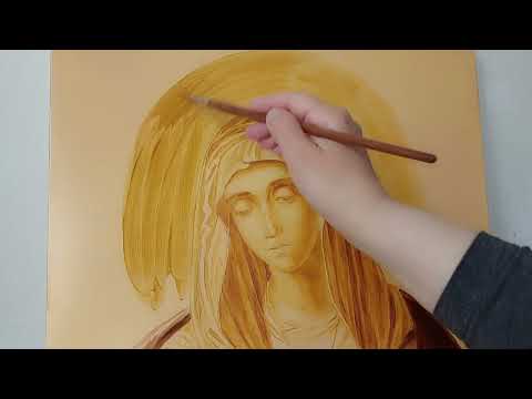 Видео: Написание фона на иконе Умиление Божией Матери масляными красками  с градиентной растяжкой цвета.