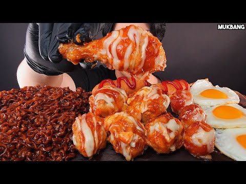 Видео: жареный цыпленок и лапша Fried Chicken & Black Bean Noodles Cheese Balls EATING ASMR MUKBANG
