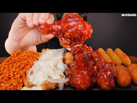 Видео: жареная курица и острая лапша FRIED CHICKEN 🍗 FIRE NOODLES & CHEESE STICK EATING ASMR MUKBANG