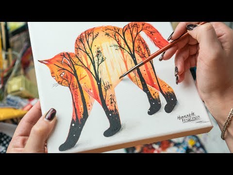 Видео: Мультиэкспозиция кота и лесаt - Рисование акрилом / Homemade Illustrations (4k)