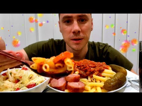 Видео: МУКБАНГ | Макароны, колбаса, салат, огурчики | Прямые эфиры | pasta, sausages | не ASMR | 먹방