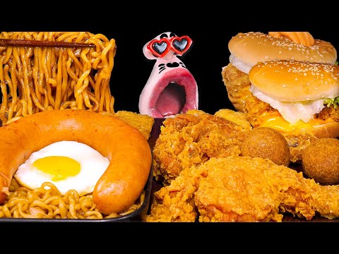 Видео: Чизбургер с курицей, большая курица, чапагетти, колбаски кильбаса! 🌭 ASMR Mukbang
