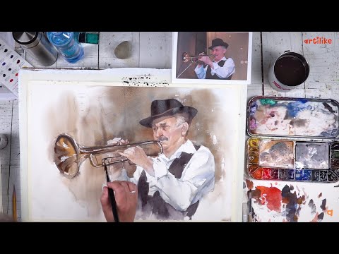 Видео: КАК НАРИСОВАТЬ ТРУБУ АКВАРЕЛЬЮ. Рисуем музыканта!