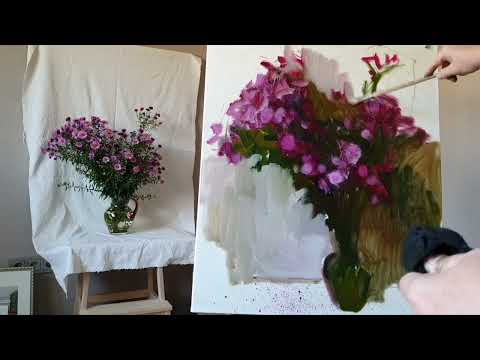Видео: Осенний букет в холодном колорите. Живопись маслом.