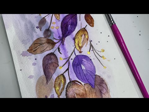 Видео: Простые акварельные рисунки для начинающих | Простая техника рисования акварелью листьев в весёлы...