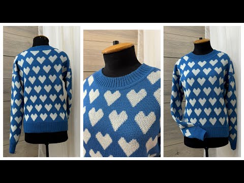 Видео: Джемпер Сердечный от всего сердца! Двухфонтурным жаккардом с пикейными кнопками. ДФЖ.