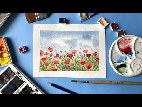 Видео: Маковое поле рисунок акварелью поэтапно. How to draw poppies with watercolor