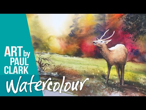 Видео: Как нарисовать осенний пейзаж с оленем акварелью