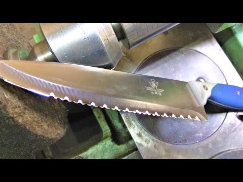 Видео: Двухсторонняя серрейторная заточка ножа на токарном