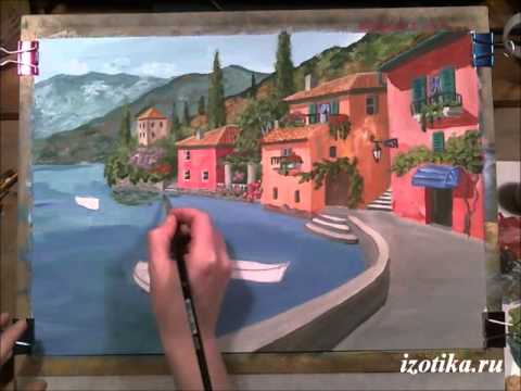 Видео: Прибрежный городок. Гуашь. Часть 2