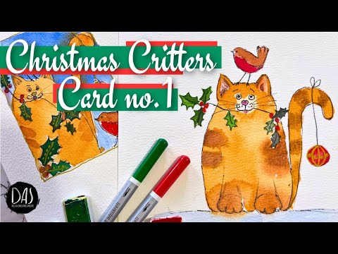 Видео: Простая идея праздничной открытки для начинающих и не только — нарисуйте акварельного кота к Рожд...