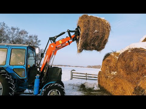 Видео: Как лучше хранить рулоны сена зимой. Обзор вил на погрузчик ХАРВЕСТ. Доработки ПР-150М от Унисибмаш.