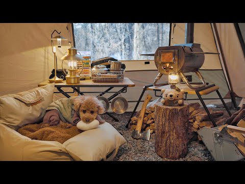 Видео: Solo Зимний кемпинг с моей собакой . Отдых в горячей палатке . Деревянный столб ASMR