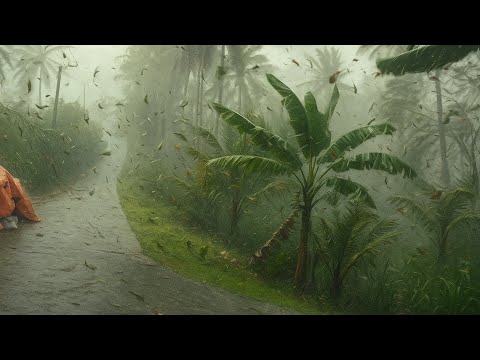 Видео: Прогулка под ливнем в деревне | Сильный ливень и гроза с молниями для сна.