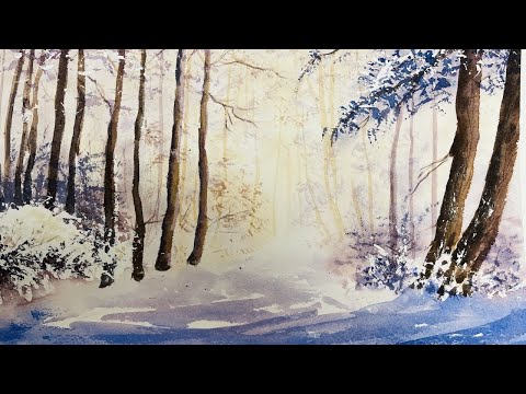 Видео: Как. рисовать солнечный Зимний  лес акварелью. How to paint sunny winted forest in watercolour