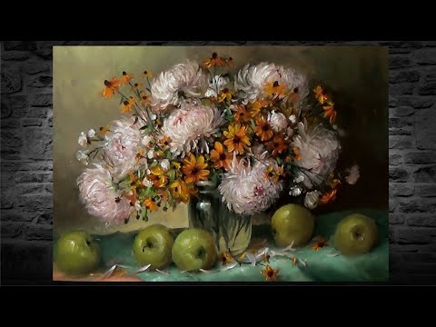 Видео: #47 Хризантемы и яблоки маслом. Как нарисовать цветы, букет маслом | How to paint flowers in oil