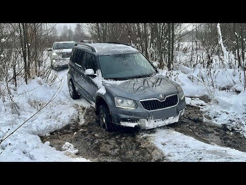Видео: SKODA YETI, HUMMER H3, HAVAL H9 и MITSUBISHI PAJERO SPORT в зимнем лесу на разведке нового маршрута.