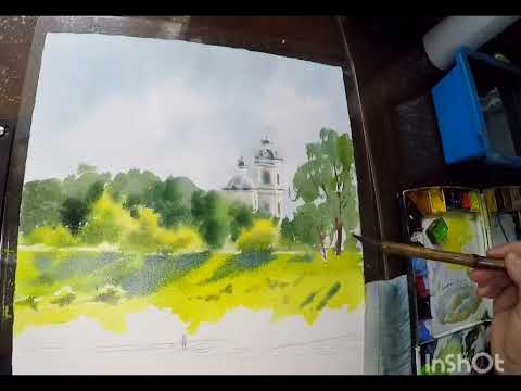 Видео: Летний пейзаж. #акварель #пейзажакварелью #рисование #урокиакварелью #таруса