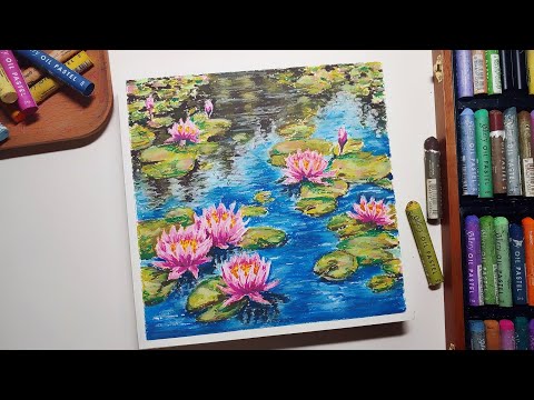 Видео: Рисование водяных лилий Пейзаж с масляной пастелью / Расслабляющий ASMR