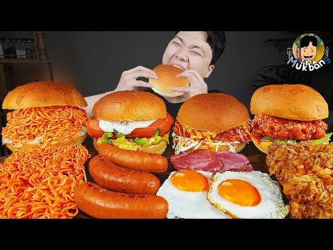 Видео: ASMR MUKBANG | гамбургер, Сырная палочка, Огненная лапша, хотдог рецепт блюда принимать пищу