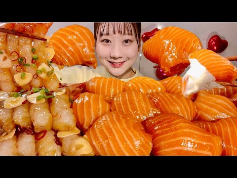 Видео: ASMR Суши с лососем и острым сашими из креветок【русские субтитры】【Mukbang/ Eating Sounds】