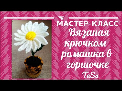 Видео: Вязаная крючком ромашка в горшке. Цветы крючком. Вязаные цветы в горшке.