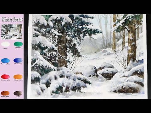 Видео: Без эскиза  Пейзаж Акварель -  Зимний лес  (просмотр смешения цветов)