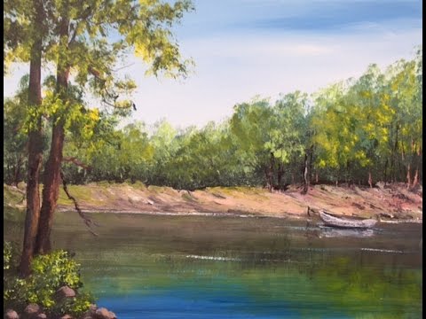 Видео: АКРИЛ. Берег реки, деревья,отражения. River in Acrylic. Trees, water, reflections, rocks.