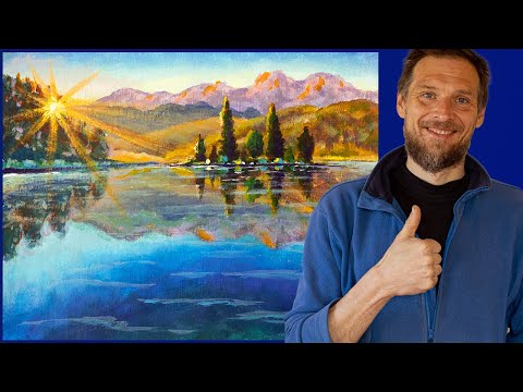 Видео: Озеро в горах - Рисуем вместе акриловыми красками картину с художником в деревне.