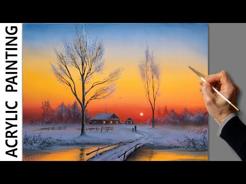 Видео: Acrylic Landscape Painting - Winter Sunset / Relaxing Art / Зимний пейзаж. Урок рисования. Живопись