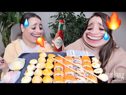 Видео: МУКБАНГ кто ошибается - обжигает горло! роллы под соусом табаско mukbang ОСТРО!