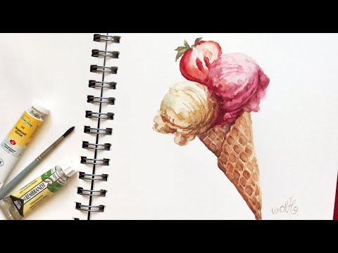 Видео: Мороженое /Ice cream. Акварельный этюд. Акварель "Белые ночи", бумага 300 г