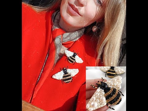Видео: Брошь ПЧЕЛА с натуральным жемчугом. Процесс вышивки броши ручной работы  Embroidered brooch bee