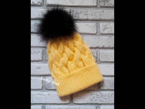 Видео: Яркая шапка из ангоры с узором из кос. Hat, knitting.