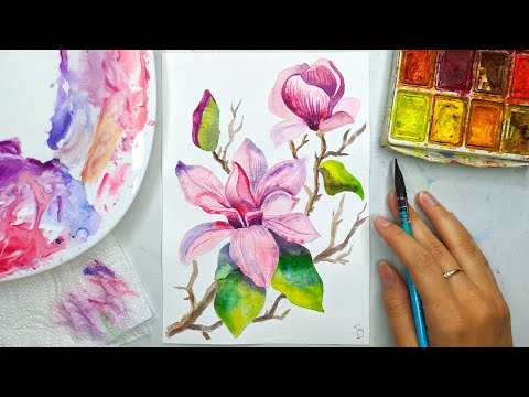 Видео: Как нарисовать магнолию акварелью поэтапно. Акварель для начинающих