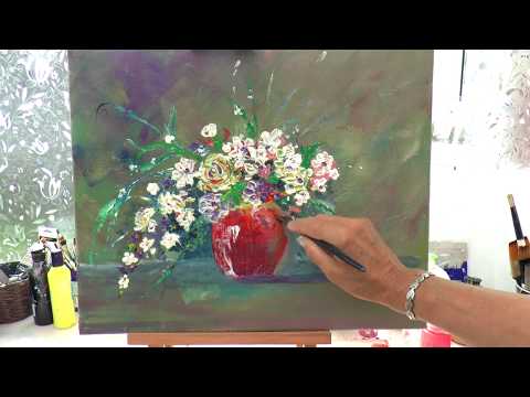 Видео: Ваза появляется сама. Цветы мастихином. #1Акрил.How to create vase without painting it.