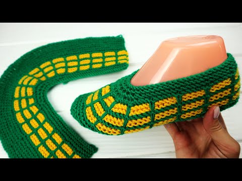 Видео: Вязаные тапочки на 38-40 размер. Клетка из вытянутых петель