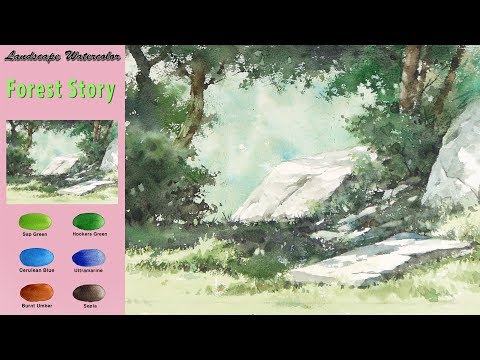 Видео: Без эскиза Пейзажная акварель - Лесная история (Arches rough) NAMIL ART