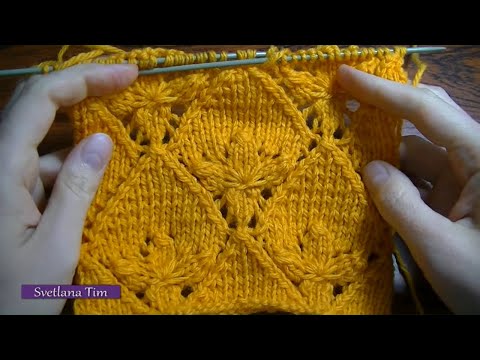 Видео: Ажурный Узор ЦВЕТОК в РОМБЕ. Вязание спицами / красивые узоры спицами № 216