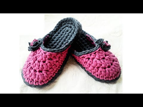 Видео: Вязание крючком.Тапочки из трикотажной пряжи.